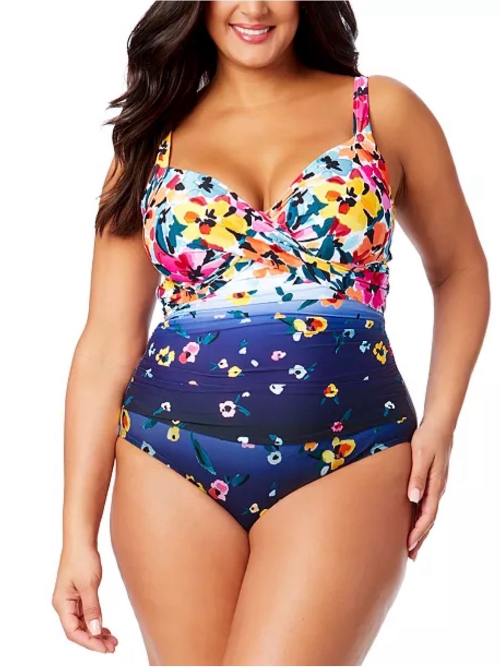 Anne Cole Plus Size Floral-Print Draped-Front Underwire One-Piece Swimsuit NEW